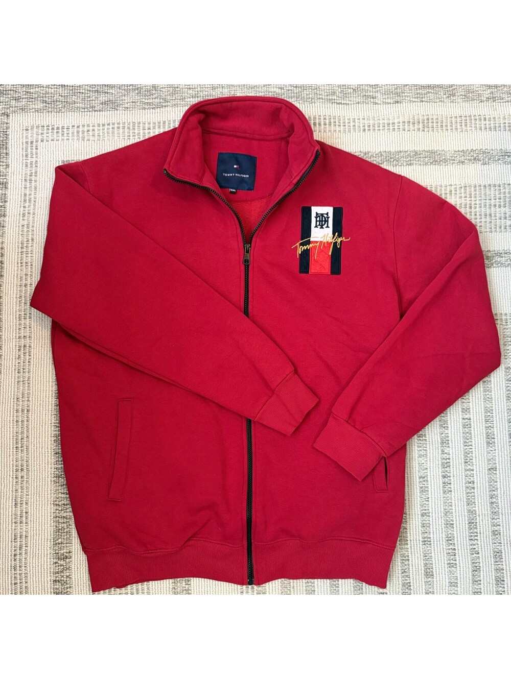 Tommy Hilfiger 5XL Red Y2K Full Zip Sweatshirt Big Logo Oversized 100% Cotton